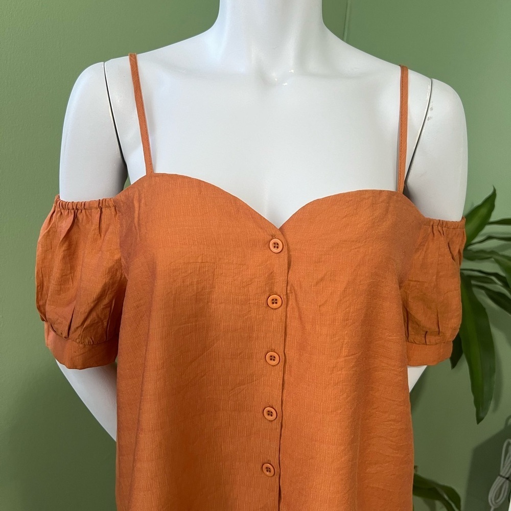 Orange Puff Sleeve Button Down Blouse